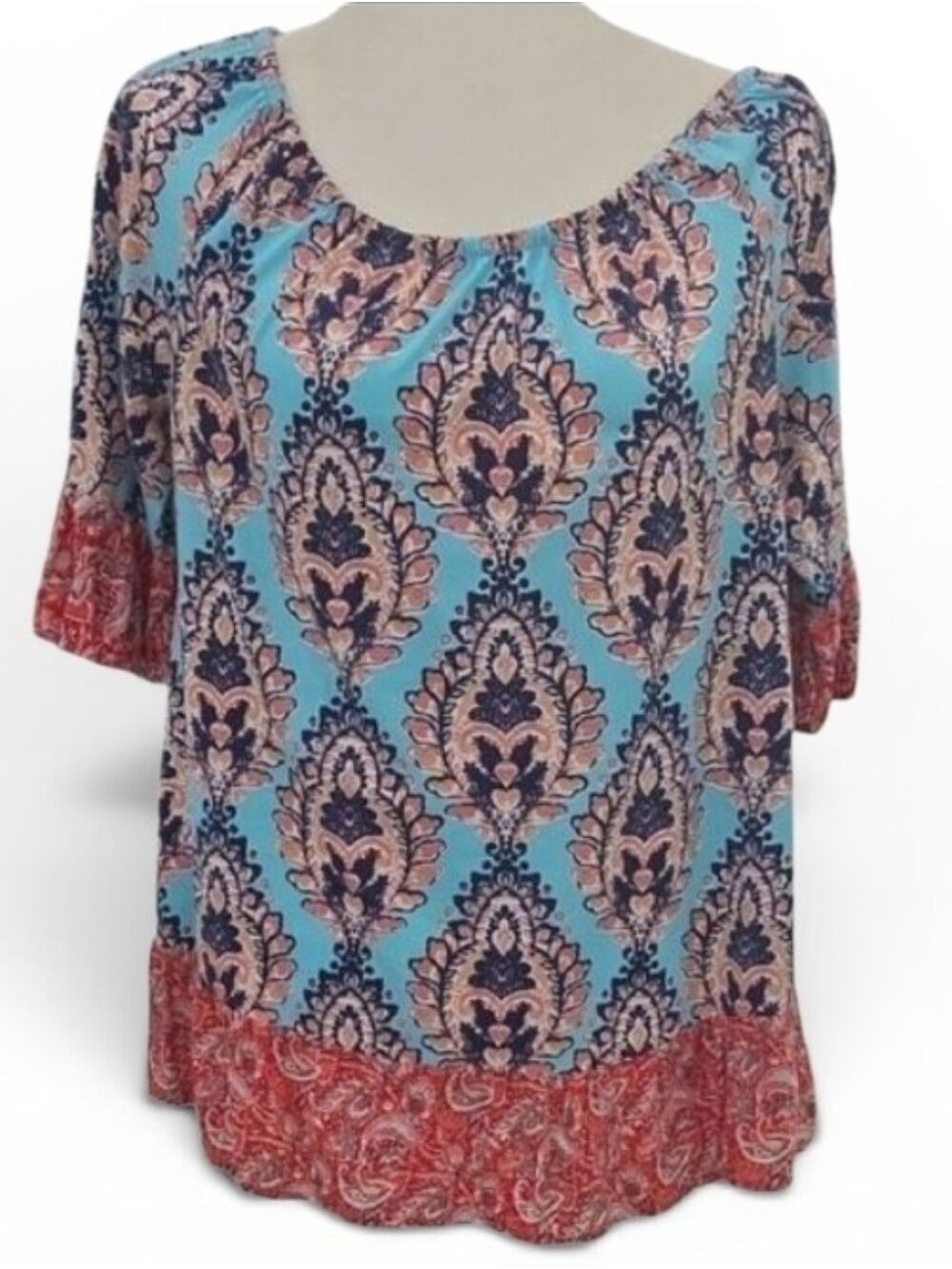 Fig and Flower Red and Coral Patterned Blouse Scoop Neck Ruffle Boho